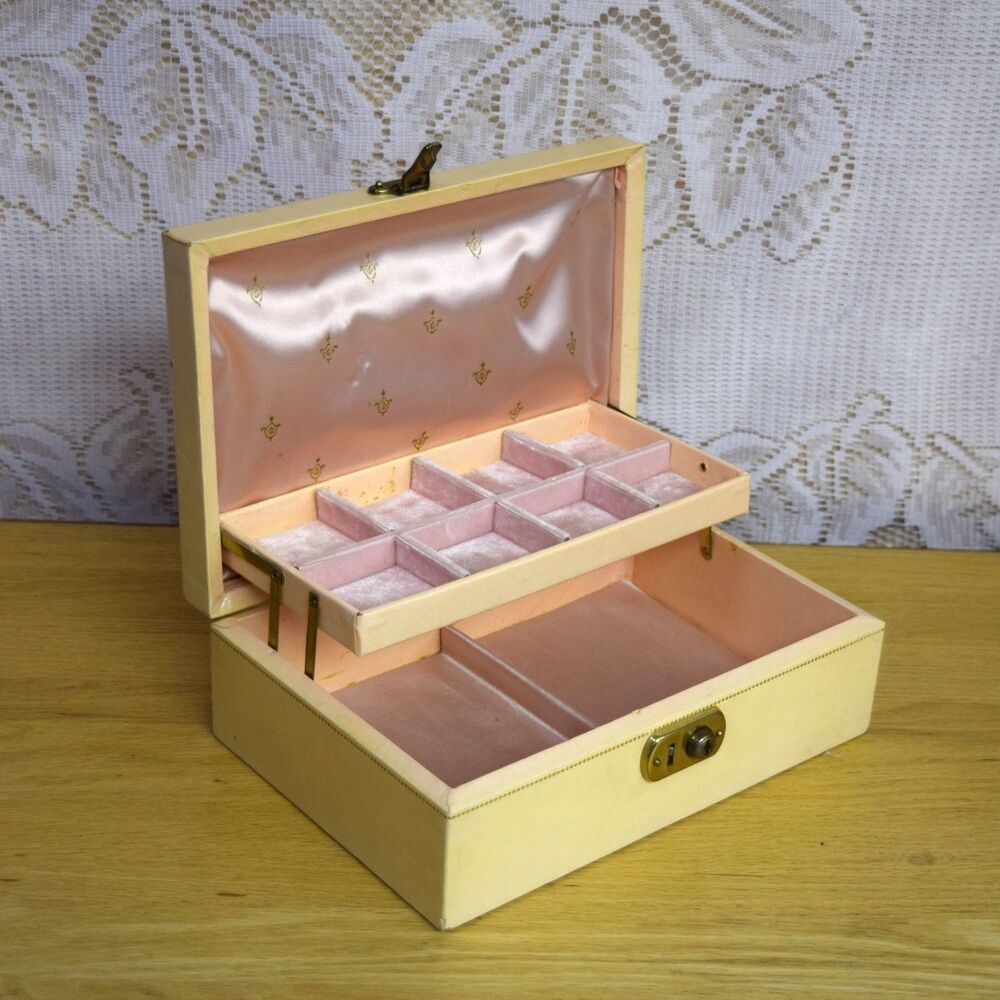 Vintage Jewelry Box Organizer Beige MCM Pink Satin Lined 2 Tier Cottage Glam